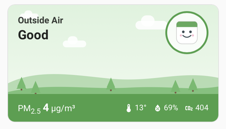 The AirGradient Public card showing a Good air-quality state following a public map sensor