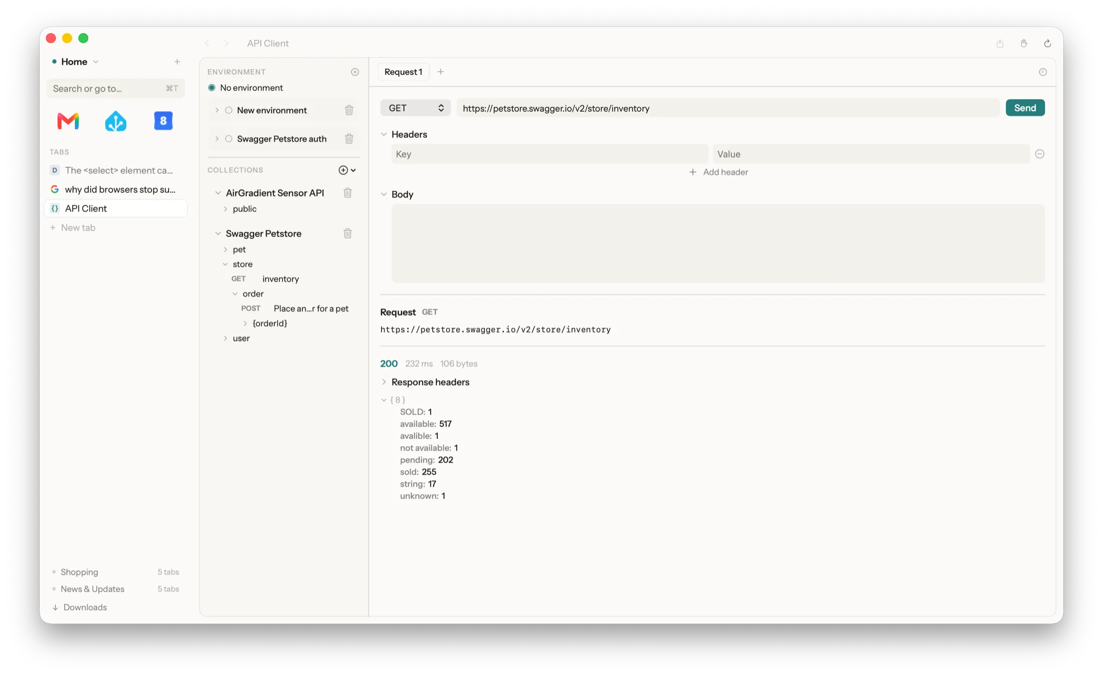 Sill's API Client tab — environments, an imported collection, and a live response rendered as a tree