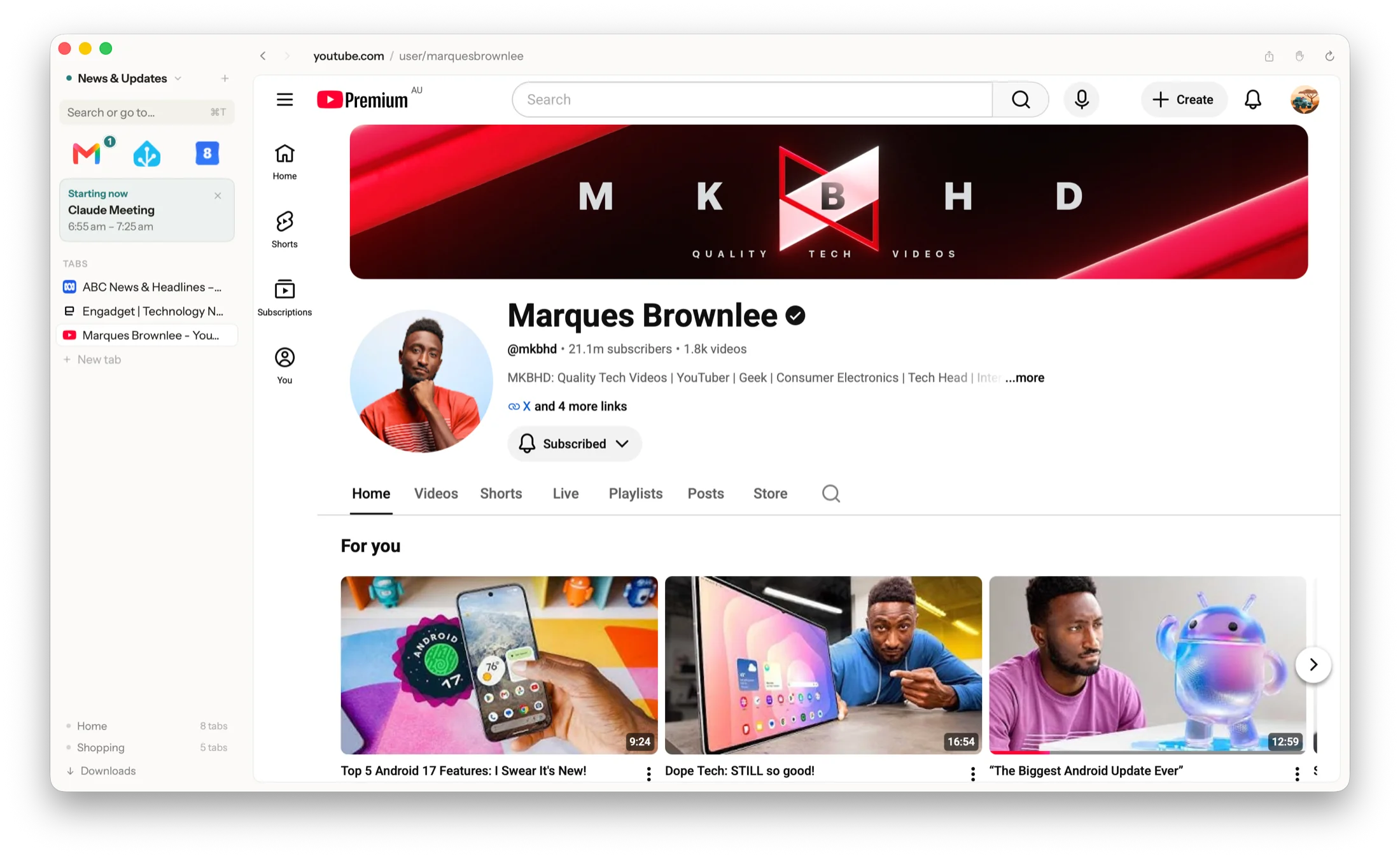 Sill browsing in a News & Updates workspace — the sidebar shows favorite sites with an unread badge on Gmail and a 'Starting now' meeting card