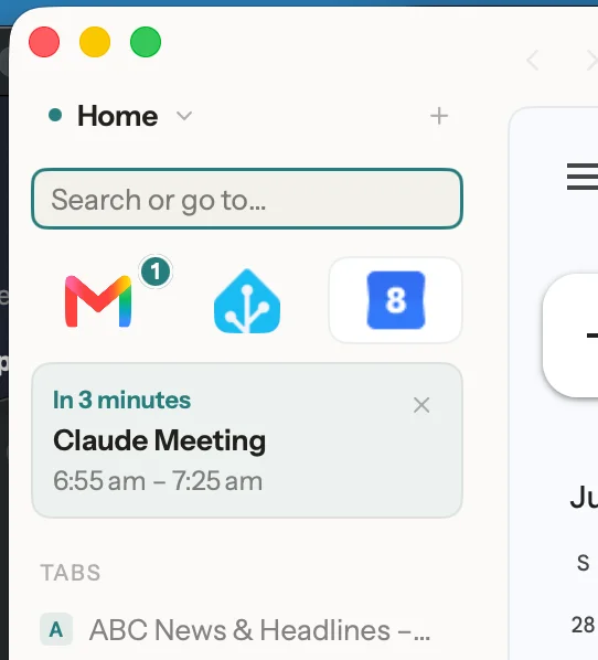 Sill's sidebar close up — the Gmail favorite shows one unread, and a card reads 'In 3 minutes: Claude Meeting'
