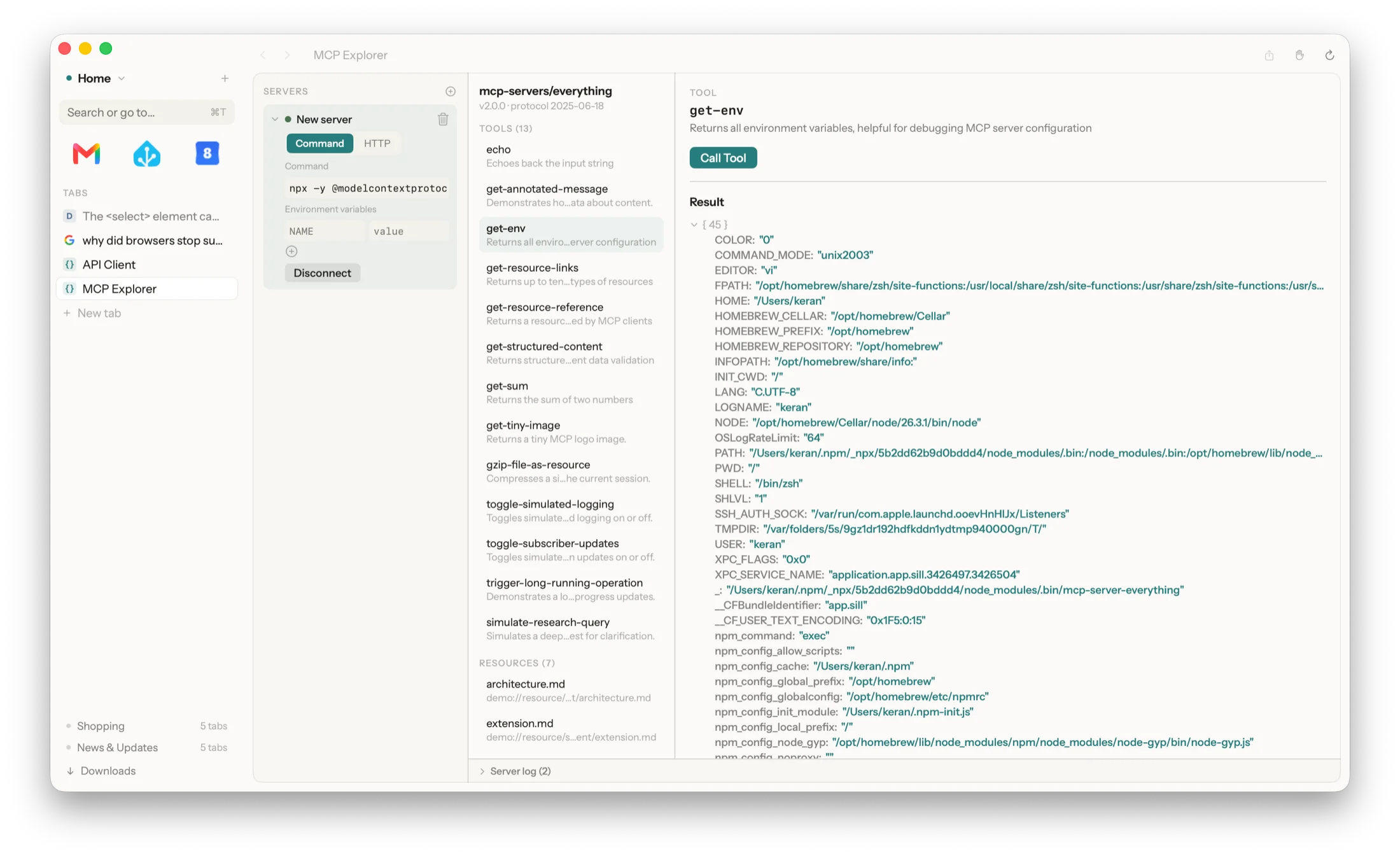 Sill's MCP Explorer tab — connected to an MCP server, listing its tools and showing a live result
