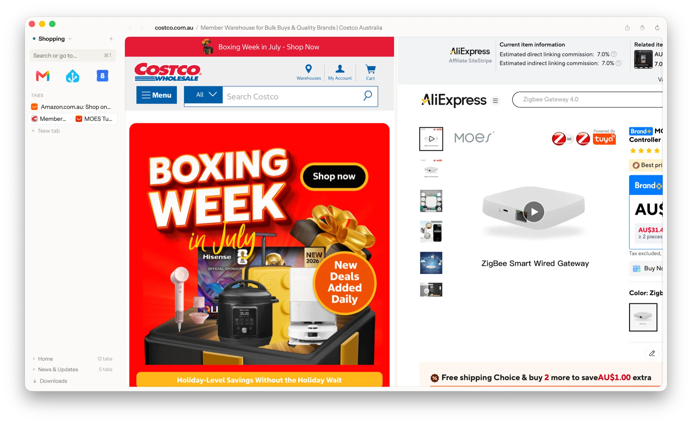 Sill's Panel view in a Shopping workspace — two sites open side by side in one window