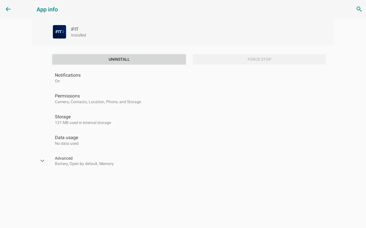 The Android App info screen for the iFIT app, showing an Uninstall button and a Force stop button