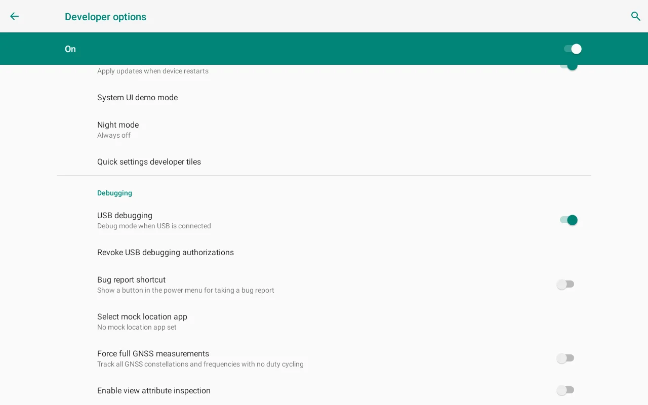 The Android Developer options screen with the USB debugging toggle switched on