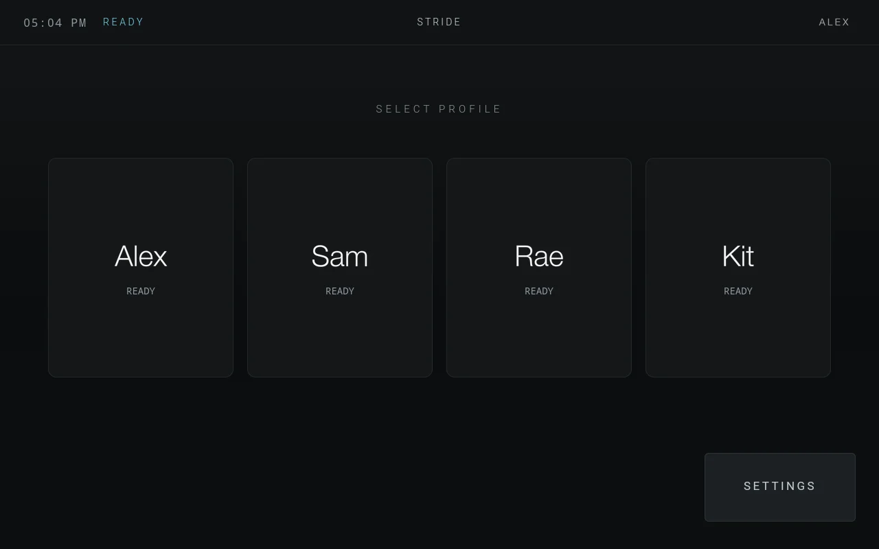 The STRIDE welcome screen showing four profile cards named Alex, Sam, Rae and Kit, each marked ready, with a settings button